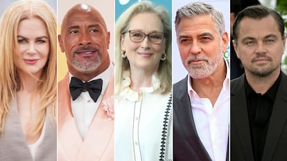 De izquierda a derecha, Nicole Kidman, Dwayne Johnson, Meryl Streep, George Clooney y Leonardo DiCaprio, algunos de los actores que han donado más de un millón de dólares a los intérpretes que están en huelga desde el 13 de julio de 2023.