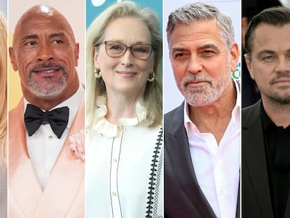 De izquierda a derecha, Nicole Kidman, Dwayne Johnson, Meryl Streep, George Clooney y Leonardo DiCaprio, algunos de los actores que han donado más de un millón de dólares a los intérpretes que están en huelga desde el 13 de julio de 2023.