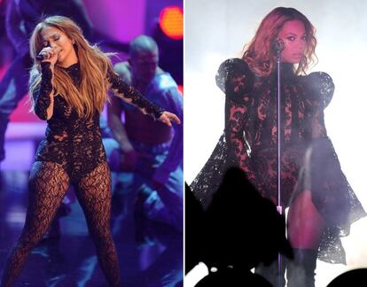 Ambas divas son fieles seguidoras de los encajes y transparencias así que tampoco es tan extraño que hayan coincidido con este tipo de estilismos. En la imagen, Jennifer Lopez durante una actuación en Alemania en octubre de 2012. Y Beyoncé durante un 'show' en Nueva Jersey en julio de 2014.