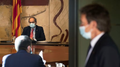 El presidente de la Generalitat, Quim Torra, durante la reunión semanal del Govern, este martes.