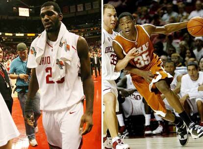 Greg Oden, de la Universidad de Ohio State, a la izquierda, y Kevin Durant, de la de Texas.