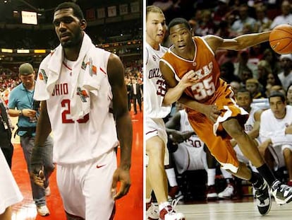 Greg Oden, de la Universidad de Ohio State, a la izquierda, y Kevin Durant, de la de Texas.