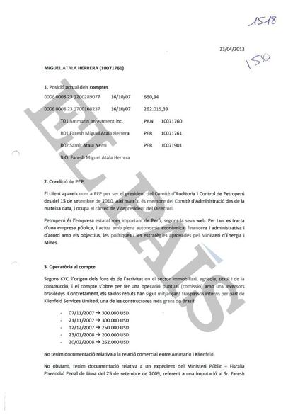 Documento interno en la BPA sobre el exvicepresidente de la compañía estatal Petróleos del Perú Miguel Atala Herrera.