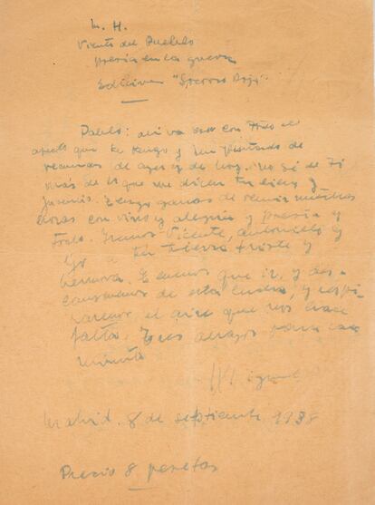 Carta de Miguel Hernández a Neruda sobre cuja autenticidade desperta dúvidas.