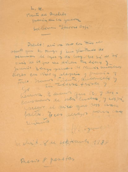 Carta de Miguel Hernández a Neruda sobre cuya autenticidad hay dudas.