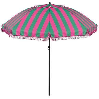 En la Grecia clásica, llevar una sombrilla siendo hombre era motivo de burla pública. Aristófanes se encargó de dejarlo claro en sus comedias. En la imagen, sombrilla con rayas verde y rosa, a la venta en Maisons du Monde.