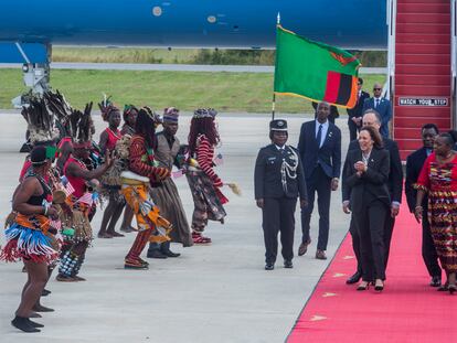 US Vice President Kamala Harris after landing in Lusaka, Zambia on March 31.