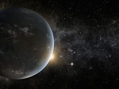 Ilustraci&oacute;n del planeta extrasolar tipo Tierra Kepler-62f.