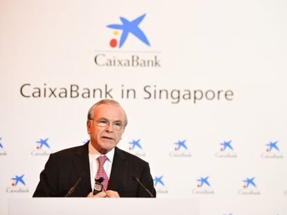 El presidente de CaixaBank, Isidre Fainé, hoy en Singapur.