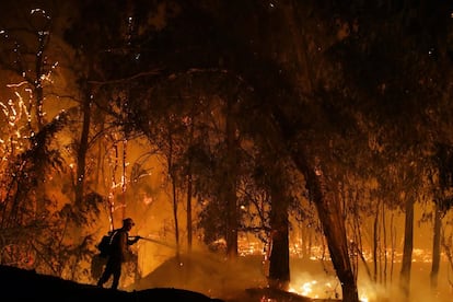 A Califórnia tem sido uma das áreas dos Estados Unidos mais afetadas por grandes incêndios. Os dois maiores incêndios dos últimos anos, o de outubro de 2017 em Santa Rosa (23 mortos quando um bairro inteiro foi arrasado) e o de novembro de 2018 em Paradise (85 mortos em poucas horas), tiveram origem em falhas na infraestrutura elétrica. Na foto, um bombeiro trabalha na extinção de um incêndio em Somis, Califórnia, em 31 de outubro deste ano.