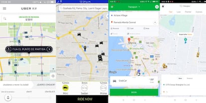 Collage hecho con capturas de pantalla de Uber (en un momento en el que cambió el símbolo de los coches por barcas porque Pekín se estaba inundando), Ola, Grab y Didi.