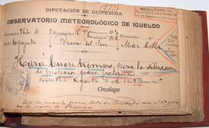 Hoja de observación del 12 de agosto de 1912 en la que Orcolaga advierte de la inminencia de una galerna. Véase en el margen derecho la anotación posterior: “Terrible galerna a medianoche”. Aquel pronóstico le hizo famoso en todo el Cantábrico.