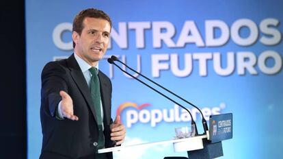 El líder del PP, Pablo Casado, durante un acto en Toledo.