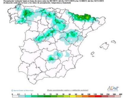 Estimación de nieve caída de las 8.00 del jueves a las 8.00 del viernes