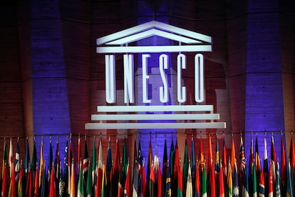 The logo of the United Nations Educational, Scientific and Cultural Organisation (UNESCO) is seen during the 39th session of the General Conference at the UNESCO headquarters in Paris.