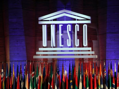 The logo of the United Nations Educational, Scientific and Cultural Organisation (UNESCO) is seen during the 39th session of the General Conference at the UNESCO headquarters in Paris.
