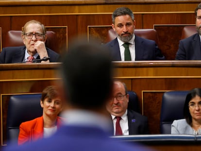 Pedro Sánchez, de espaldas, se dirige desde la tribuna del Congreso a Ramón Tamames y Santiago Abascal.