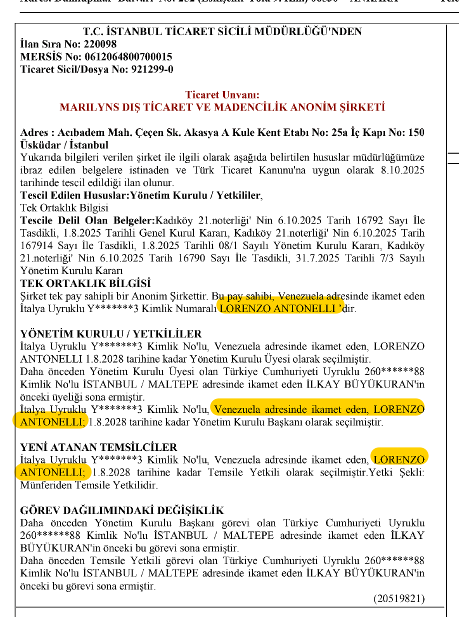 Extracto del Boletín del Registro Mercantil de Turquía del 8 de octubre de 2025 en el que se especifica que Lorenzo Antonelli, cuñado de la esposa de Alex Saab, es el beneficiario único y presidente del consejo de la empresa turca Marilyns, implicada en la exportación de material a Venezuela.