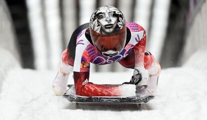 La canadiense Sarah Reid durante la tercera manga de skeleton en los Juegos de Sochi.