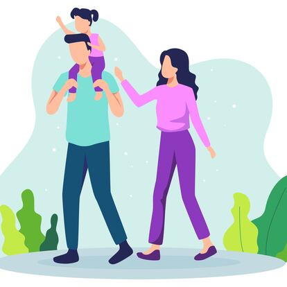 Family walking together in the park. Father holding daughter on his shoulders. Family illustration includes Father, Mother, and Daughter. Vector illustration in a flat style