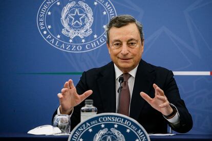 El primer ministro italiano, Mario Draghi, en rueda de prensa este jueves.