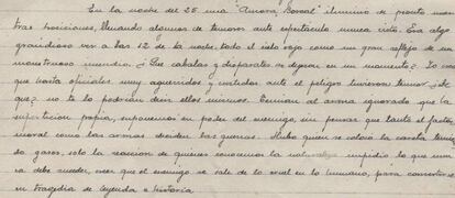 La carta del 28 de enero de 1938, con el pasaje en el que Antonio Esteve relata a su familia desde Villastar, en el frente de Teruel, la experiencia de haber observado tres días antes la aurora boreal. La carta fue hallada recientemente junto a documentos y objetos personales en una maleta.
