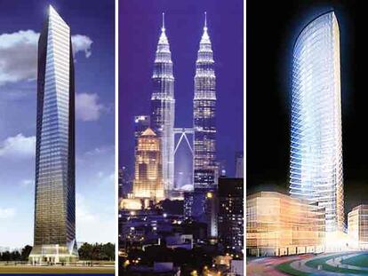 Torre de Cristal de Madrid, Torres Petronas de Kuala Lumpur y Torre Iberdrola de Bilbao (de izquierda a derecha).