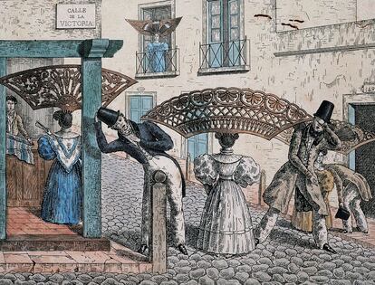 Así se entendía la distancia social femenina frente al acoso en 1834. Por César Hipólito Bacle (1794-1838).