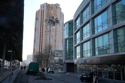 An apartment building damaged following a rocket attack on the city of Kyiv, on Saturday.