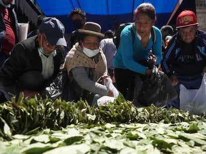 Pobladores extienden hojas de coca sobre aguayos, un tejido típico andino de colores, en la celebración del Día del Acullico en La Paz (Bolivia).