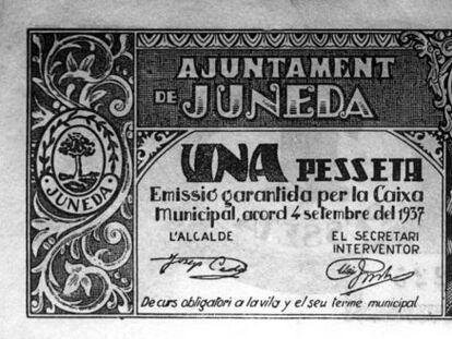 Dinero emitido por el Ayuntamiento de Juneda durante la Guerra Civil Espa&ntilde;ola. 
