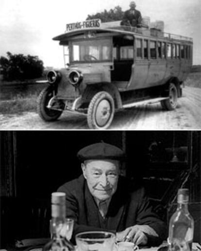 Arriba, imagen del libro <i>Viaje en autobús.</i> Debajo, Josep Pla, fotografiado en Llofriu por Francesc Català-Roca.