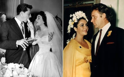 De la primera boda de Elizabeth Taylor a su enlace con Richard Burton hay todo un mundo. En su enlace, en 1950, con el multimillonario Conrad 'Nicky' Hilton llevó un vestido de novia creado por la legendaria diseñadora y figurinista de Hollywood Helen Rose. El 15 de marzo de 1964, en su boda —la quinta para la actriz— con Richar Burton, La actriz vestía un traje de gasa, color amarillo girasol, llevaba flores en su cabello y un broche de esmeraldas que el protagonista de 'Cleopatra' le compró.