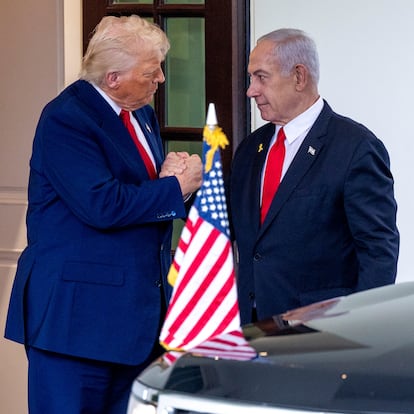 WASHINGTON (United States), 07/04/2025.- US President Donald J. Trump (L) walks Israeli Prime Minister Benjamin Netanyahu to his limo following their meetings at the White House in Washington, DC, USA 07 April 2025. President Trump and Prime Minister Netanyahu's East Room press conference was cancelled and the two leaders took questions from the news media in the Oval Office. EFE/EPA/SHAWN THEW
