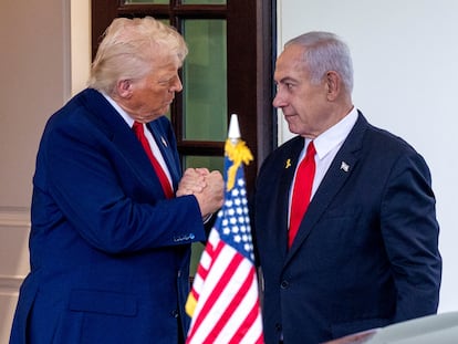 WASHINGTON (United States), 07/04/2025.- US President Donald J. Trump (L) walks Israeli Prime Minister Benjamin Netanyahu to his limo following their meetings at the White House in Washington, DC, USA 07 April 2025. President Trump and Prime Minister Netanyahu's East Room press conference was cancelled and the two leaders took questions from the news media in the Oval Office. EFE/EPA/SHAWN THEW