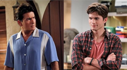 El mediático despido de Charlie Sheen (izquierda) de su serie 'Dos hombres y medio' obligó a matar a su personaje. Lo sustituyó, como protagonista, Ashton Kutcher (derecha).
