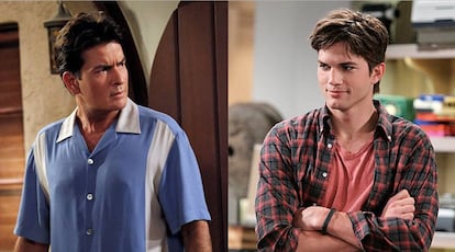 El meditico despido de Charlie Sheen (izquierda) de su serie 'Dos hombres y medio' oblig a matar a su personaje. Lo sustituy, como protagonista, Ashton Kutcher (derecha).
 