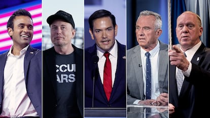 De izquierda a derecha: Vivek Ramaswamy, Elon Musk, Marco Rubio, Robert F. Kennedy Jr y Tom Homan.