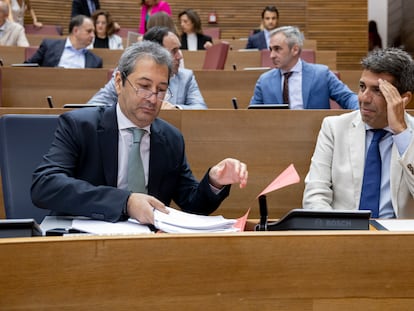 El presidente de la Generalitat, Carlos Mazón (PP), conversa con el vicepresidente primero del Consell y consejero de Cultura y Deporte, Vicente Barrera (Vox), en las Cortes Valencianas.