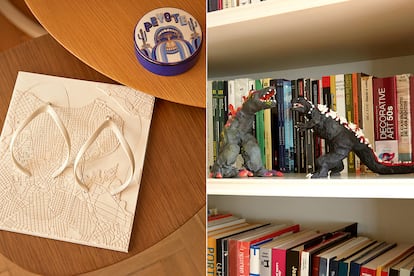 Detalle de una caja de Jonathan Adler (izda.) y los dinosaurios creados por Nicolás, hijo de la pareja.