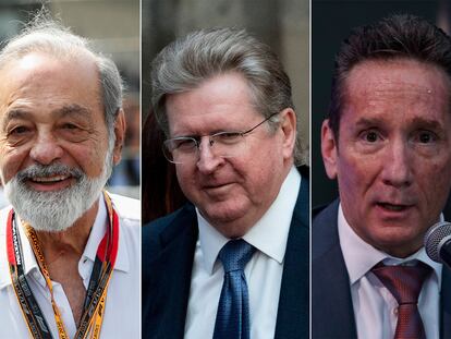 De izquierda a derecha los empresarios multimillonarios Carlos Slim Helú, de Grupo Carso, y Germán Larrea, de Grupo México, junto al financiero Daniel Becker Feldman.