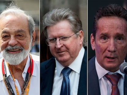 De izquierda a derecha los empresarios multimillonarios Carlos Slim Helú, de Grupo Carso, y Germán Larrea, de Grupo México, junto al financiero Daniel Becker Feldman.