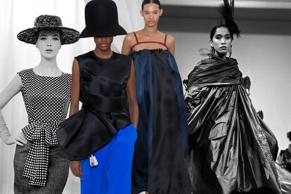 A la izquierda, creación de Nina Ricci de 1960; a la derecha, diseño de la casa francesa de 1985. En el medio, dos looks de la temporada o-i 2019/2020, que acaba de presentarse en París.