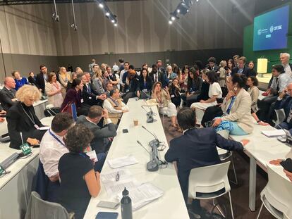 Teresa Ribera, en el centro, en una reunión con los ministros de otros países tras conocerse el primer borrador de la presidencia de la COP28.  / MITECO
