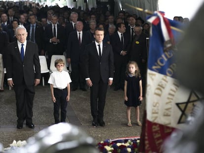 Macron e Benjamim Netanyahu, numa cerimônia em homenagem a judeus.