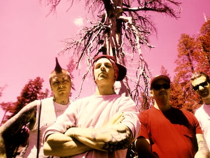 Lars Frederiksen, Tim Armstrong, Brett Reed and Matt Freeman of the punk band Rancid pose at Lake Tahoe, California, in the summer of 1998.