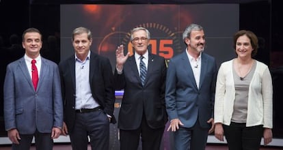 De izquierda a derecha, Alfred Bosch (ERC), Alberto Fernández Díaz (PP), Xavier Trias (CiU) y Ada Colau (BComú), ayer en el debate de TV-3.
