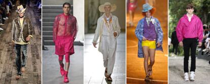 De izquierda a derecha, modelos de Lanvin, Givenchy, Ann Demeulemeester, John Galliano (silueta) y Dior presentados durante la semana de la moda masculina de París. 
/ lestrop / reuters