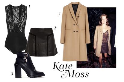 El look sexy y atrevido de Kate Moss: 1. Body de encaje de Marlene Birguer (125 euros). 2. Falda de cuero de Rag&Bone (725 euros). 3. Botin con tacón de Zara (79,95 euros). 4. Abrigo en color camel de Zara (99,95 euros).