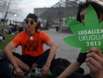 Manifestantes a favor de la legalizaci&oacute;n de la marihuana frente al Parlamento en Montevideo. 